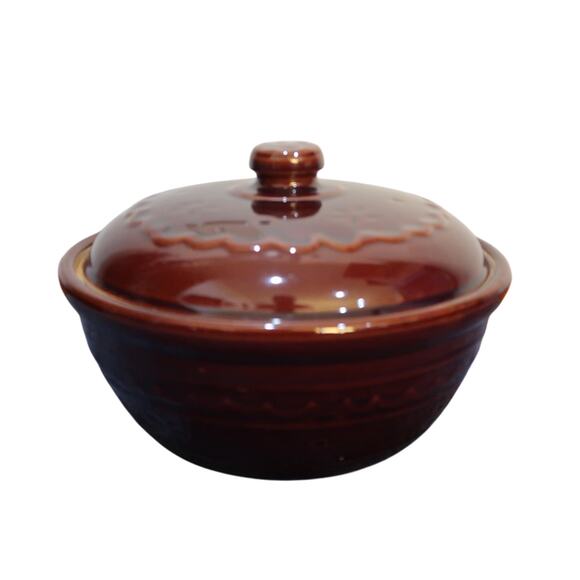 Marcrest Stoneware Oven Proof Dutch Oven Bowl 8.5" Brown Vintage Damaged - Picture 1 of 9